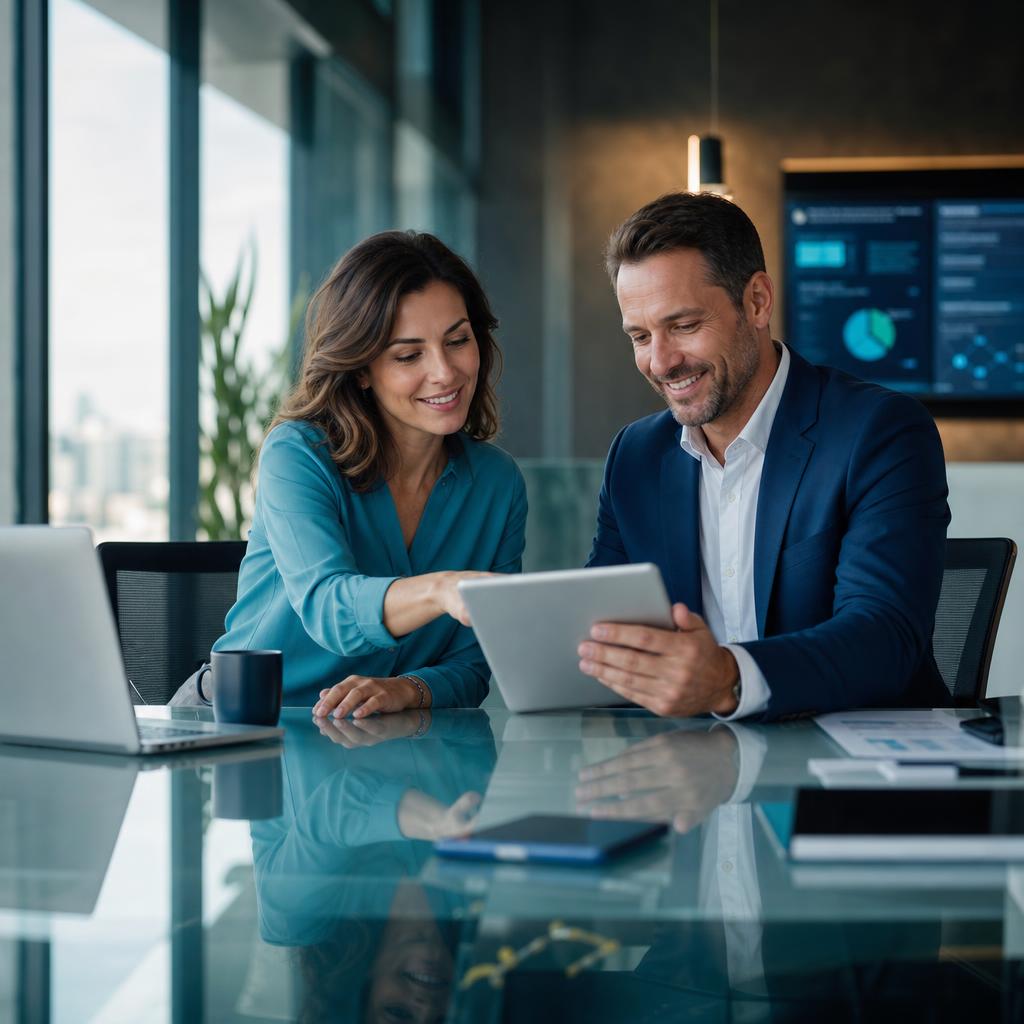 Business professionals completing a transaction in a modern office